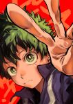  1boy boku_no_hero_academia closed_mouth freckles green_eyes green_hair looking_at_viewer male_focus midoriya_izuku nishiki_2121 red_background short_hair simple_background solo v 