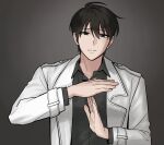  1boy black_hair black_shirt coat collared_shirt kim_dokja light_frown looking_at_viewer male_focus meme omniscient_reader's_viewpoint open_clothes open_coat shirt short_hair solo taotaille time-out_(gesture) upper_body white_coat 