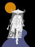  1boy armor arms_at_sides black_background blunt_ends facing_away from_behind full_body furisode genshin_impact greyscale_with_colored_background hat highres japanese_armor japanese_clothes jewelry jingasa kimono kote layered_sleeves male_focus mask_on_hat mid-stride neck_ring open_hands road sandals scaramouche_(genshin_impact) see-through_clothes see-through_veil short_sleeves shorts single_sode solo stirrup_legwear tassel te1081 toeless_legwear veil zouri 