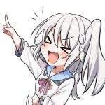  >_< 1girl 9-nine- :d ajsjm140648 arm_up blush bow bowtie braid chibi chibi_only commentary_request dress grey_hair hair_between_eyes hakusen_academy_school_uniform index_finger_raised laughing long_hair long_sleeves lowres motion_lines niimi_sora no_ahoge notice_lines open_mouth pink_bow pink_bowtie pointing pointing_up school_uniform side_ponytail sidelocks simple_background single_braid smile solo transparent_background upper_body v-shaped_eyebrows white_dress xd 