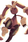  1other :3 black_sclera claws closed_mouth colored_sclera commentary_request from_below furry highres leg_up lopunny pink_eyes pokemon pokemon_(creature) pokemon_focus rumine_(yoshi1234567) smile solo 