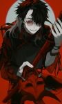  1boy arm_belt belt black_belt black_hair brown_hair earrings eyelashes eyewear_strap fingernails grin hair_over_one_eye hands_up high_collar highres holding holding_sword holding_weapon jagged_sclera jewelry long_sleeves maaroso_09 medium_hair mullet multicolored_hair original pale_skin parted_bangs red-tinted_eyewear red_background red_eyes scabbard sheath simple_background smile solo squatting sword tassel tassel_earrings tinted_eyewear two-tone_hair weapon 