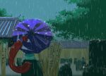  1girl blue_skirt blue_vest commentary_request facing_away from_behind highres holding holding_umbrella kakunoshin22 karakasa_obake long_sleeves outdoors purple_umbrella rain shirt sitting skirt solo sotoba tatara_kogasa tombstone touhou tree umbrella vest white_shirt 