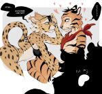 2026 5_fingers anthro biped black_stripes blush breasts brown_body brown_fur brown_spots brown_tail cheetah claws clenched_teeth clothed clothed_anthro clothed_female clothing countershade_fur countershade_torso countershading digital_drawing_(artwork) digital_media_(artwork) duo eye_contact eyewear felid feline female finger_claws fingers fur glasses hi_res looking_at_another mammal markings orange_body orange_fur pantherine raccoattack side_view simple_background sitting smile spots spotted_body spotted_fur spotted_markings spotted_tail standing striped_body striped_fur stripes tail tail_markings teeth tiger