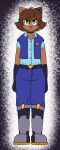 anthro armwear belt black_choker black_jewelry black_necklace blue_bottomwear blue_clothing blue_eyes blue_pants blue_shirt blue_topwear blue_vest boots bottomwear brown_body brown_fur brown_hair choker claire_(unawarey) clothing domestic_cat elbow_gloves felid feline felis female fingerless_gloves flat_chested footwear full-length_portrait fur gloves hair handwear hi_res jewelry looking_at_viewer mammal necklace pants portrait shirt shoes short_hair short_sleeves solo standing topwear unawarey vest