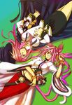  animal_ears blazblue cat_ears cat_tail character_doll iron_tager jubei_(blazblue) kokonoe konoe_a_mercury long_hair lying mother_and_daughter multiple_girls noran on_back pants pink_hair red_pants tail yellow_eyes 