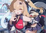  1girl ahoge bare_shoulders blonde_hair breasts chalky_(zenless_zone_zero) chinese_commentary cissia_(zenless_zone_zero) commentary_request detached_sleeves hair_between_eyes helic_(7317helic) highres large_breasts leotard long_hair looking_at_viewer multicolored_leotard ok_sign one_eye_closed open_mouth pink_nails red_eyes snake snake_girl snake_tail solo tail two-tone_leotard vending_machine white_snake zenless_zone_zero 
