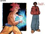  2boys afro animal_print artist_name black_background black_hair black_shirt black_undershirt brown_eyes crossover dark-skinned_male dark_skin denim dotajis dragon_ball dragon_ball_super english_text hands_in_pockets highres hood jacket jeans kamehameha_(dragon_ball) looking_to_the_side male_focus marvel miles_morales multiple_boys muscular muscular_male orange_pants pants pectorals red_eyes red_jacket saiyan shirt shoes short_hair simple_background sketch sketchbook son_goku spider-man_(series) spider_print spiked_hair super_saiyan super_saiyan_god topless_male undershirt very_dark_skin white_background 