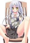  angel_beats! asa_no_ha bad_anatomy blazer blue_hair chair error jacket long_hair open_clothes open_shirt school_uniform shirt solo spread_legs tenshi_(angel_beats!) yellow_eyes 