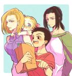  2boys 2girls android_17 android_18 black_eyes black_hair blonde_hair blue_eyes blue_shirt blush brother_and_sister carrying child dragon_ball dragon_ball_z earrings expressionless family father_and_child father_and_daughter hana_930 highres holding jewelry kuririn marron_(dragon_ball) mother_and_child mother_and_daughter multiple_boys multiple_girls parent_and_child piggyback pointing ponytail shirt siblings sleeveless uncle_and_niece 