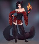  1girl animal_ear_fluff animal_ears artist_name bare_shoulders black_boots black_corset black_fur boots breasts brown_hair collarbone contrapposto corset dress eyelashes eyeshadow fingernails fire fox_ears fox_girl fox_tail full_body hand_on_own_hip hand_up hetti_(hettikovacs) high_heel_boots high_heels highres large_breasts light_smile lipstick long_fingernails long_hair looking_at_viewer makeup multiple_tails off-shoulder_dress off_shoulder orange_hair original parted_bangs pink_eyeshadow print_dress red_dress red_lips red_nails sharp_fingernails short_dress simple_background skindentation slim_legs standing strapless tail thigh_boots 
