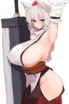  1girl absurdres animal_ear_fluff animal_ears arm_up armpits black_skirt breasts closed_mouth commentary cowboy_shot curvy dated detached_sleeves expressionless hat highres holding holding_sword holding_weapon huge_breasts huge_weapon inubashiri_momiji looking_at_viewer messy_hair moriforest1040 pom_pom_(clothes) presenting_own_armpit red_eyes red_hat red_sash revealing_clothes sash shirt short_hair sideboob skirt sleeveless sleeveless_shirt solo standing sword thick_thighs thighs tokin_hat touhou turtleneck turtleneck_shirt untranslatable_commentary weapon white_background white_hair white_shirt white_sleeves wolf_ears 