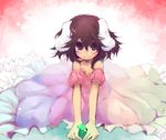  animal_ears bad_id bad_pixiv_id bare_shoulders brown_eyes brown_hair bunny_ears clover dress ears_down four-leaf_clover goose_h inaba_tewi off_shoulder pink_dress short_hair solo touhou 