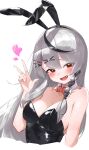  1girl :d absurdres animal_ears bare_shoulders black_hair black_leotard breasts cleavage collarbone commentary_request detached_collar dot_nose fake_animal_ears fang grey_hair hair_ornament heart highres hololive leotard multicolored_hair nema_029 open_mouth playboy_bunny rabbit_ears red_eyes sakamata_chloe smile v virtual_youtuber x_hair_ornament 