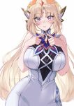  1girl artist_name bare_shoulders blonde_hair blue_eyes blush breasts closed_mouth commentary_request cross-shaped_pupils diamond_(shape) diamond_facial_mark dress facial_mark forehead_mark genshin_impact hands_up highres index_fingers_together large_breasts long_hair looking_at_viewer nicole_reeyn simple_background sleeveless sleeveless_dress smile solo symbol-shaped_pupils very_long_hair vitter white_background white_dress 