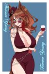  1girl alternate_costume animal_ears aqua_background arm_under_breasts border braid breasts brown_hair brown_tail character_name cleavage commentary_request cup dewanewbie dress dress_flower drinking_glass ears_through_headwear flower forever_young_(umamusume) glasses green_eyes half_up_braid hat highres holding holding_cup horse_ears horse_girl horse_tail large_breasts long_hair looking_at_viewer mini_hat mixed-language_commentary multicolored_hair open_mouth outside_border ponytail purple-tinted_eyewear red_dress red_flower red_hat red_rose red_streaks rose side_slit smile solo standing streaked_hair tail teeth tinted_eyewear transparent_background umamusume upper_body upper_teeth_only white_border white_streaks wine_glass 
