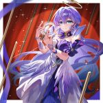  1girl blue_hair border bracelet breasts chinese_commentary commentary_request dress earrings feathers green_eyes halo head_wings henjiwumei highres honkai:_star_rail honkai_(series) jewelry long_hair medium_breasts robin_(honkai:_star_rail) smile solo two-tone_dress very_long_hair white_border white_feathers wings 