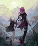  2girls aged_down autrisan black_boots black_jacket black_shorts black_skirt boots building child city cloud cloudy_sky colored_shoe_soles commentary_request day facing_away frilled_sleeves frills full_body gloves grass grey_hair hair_between_eyes high_heels highres holding_hands honkai:_star_rail honkai_(series) jacket jacket_on_shoulders kafka_(honkai:_star_rail) leg_up long_hair long_sleeves looking_at_another medium_hair miniskirt multiple_girls outdoors pantyhose parted_lips ponytail purple_gloves purple_hair purple_pantyhose shirt shorts signature skirt sky standing stelle_(honkai:_star_rail) sun thigh_boots thigh_strap trailblazer_(honkai:_star_rail) watermark white_shirt yellow_eyes yellow_sky 