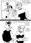 2023 2_tails angry anthro backpack black_and_white bovid breasts caprine cleavage clothed clothed_anthro clothed_female clothed_male clothing comic dialogue duo english_text facial_hair female fingers fur hair hi_res hooved_fingers hooves horn lana_lynne male male/female mammal markings monochrome multi_tail mustache open_mouth procyonid raccoon rick2tails ring_(marking) ringed_tail sheep striped_markings striped_tail stripes tail tail_markings tegerio text wool_(fur)