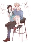  1boy 1girl absurdres black_hair blonde_hair blue_eyes blush breasts commentary couple earrings gold_earrings hairband hetero highres husband_and_wife ideksams jewelry large_breasts long_hair long_sleeves open_mouth red_eyes shirt short_hair sidelocks smile spy_x_family twilight_(spy_x_family) untranslatable_commentary yor_briar 