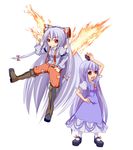  boots chibi fire fujiwara_no_mokou hand_on_hip kamishirasawa_keine multiple_girls no_nose toshi88 touhou wings 