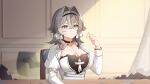  1girl absurdres alternate_costume black_choker black_hairband braid breasts brown_hair chinese_commentary choker cleavage closed_mouth commentary_request hair_intakes hairband hand_up highres holding holding_jewelry holding_ring honkai_(series) honkai_impact_3rd indoors jewelry large_breasts long_sleeves looking_at_object qian_qian_qian ring second-party_source sitting smile solo upper_body vill-v 
