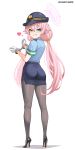  1girl absurdres alternate_costume armband ass black_pantyhose black_shoes blue_archive blue_eyes blue_hat blue_shirt blue_skirt bound bound_wrists commentary cuffed cuffs english_commentary female_service_cap from_behind gloves green_armband grin hair_between_eyes hair_ornament halo handcuffs hat heart heterochromia high_heels highres hoshino_(blue_archive) light_blush long_hair looking_at_viewer looking_back low_twintails miniskirt paintlabor pantyhose pencil_skirt pink_hair pink_halo police police_uniform policewoman pumps shadow shirt shoes short_sleeves side_slit simple_background skirt smile solo star_(symbol) star_hair_ornament thighband_pantyhose turning_head twintails twitter_username very_long_hair white_background white_gloves yellow_eyes 