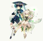  1boy 1girl ? anemo_symbol_(genshin_impact) anklet aqua_gem armlet armor belt black_belt black_bodysuit black_bow black_bridal_gauntlets black_hair black_sandals black_shorts bloomers blue_cape blue_eyes blue_hat blue_jingasa blue_kimono blue_sleeves blunt_ends bodysuit bow bracelet braid bridal_gauntlets bright_pupils cape closed_mouth covered_collarbone cross-shaped_pupils detached_sleeves dress feathers finger_frame full_body gem genshin_impact gold gold_anklet gold_armlet gold_bracelet gold_ring gold_trim green_cape green_eyes green_gem green_hair green_sleeves h1j1k1desu hair_ornament hakama hakama_shorts half_crown_braid hand_up hat heart heart_hair_ornament height_difference highres index_finger_raised japanese_armor japanese_clothes jewelry jingasa juban kimono kote kurokote layered_sleeves leg_warmers light_blush long_hair looking_at_another looking_at_viewer mandarin_collar middle_ring multicolored_hair nahida_(genshin_impact) one_eye_closed open_clothes open_kimono pleated_shorts pointy_ears pom_pom_(clothes) purple_rope purple_sash rope sandals sash scaramouche_(genshin_impact) short_dress short_sleeves shorts shoulder_peek side_cape side_ponytail sidelocks sideways_glance socks split_mouth spoken_question_mark stirrup_legwear streaked_hair symbol-shaped_pupils tareme tassel toeless_legwear toeless_socks vision_(genshin_impact) wanderer_(genshin_impact) white_background white_bloomers white_dress white_hair white_kimono white_leg_warmers white_pupils white_sleeves white_socks wispy_bangs yellow_feathers zouri 