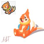  2025 2_tails 3_fingers 3_toes ambiguous_gender artist_name black_nose buizel cheek_tuft digital_media_(artwork) facial_tuft feet feral fingers fulgito_ast fur generation_4_pokemon hi_res long_tail multi_tail nintendo open_mouth orange_body orange_fur orange_tail pixel_(artwork) pokemon pokemon_(species) simple_background sitting solo tail teeth text toes tongue tuft white_background 