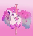  bloodpaw carousel closed_mouth english_commentary galarian_ponyta hair_ornament heart highres horns multicolored_hair no_humans pink_background pink_eyes pokemon pokemon_(creature) ribbon saddle single_horn smile solo star_(symbol) tail tail_ornament unicorn 