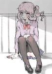  1other akiyama_mizuki black_shoes blue_skirt bow bowtie brown_ribbon brown_thighhighs cardigan closed_mouth collared_shirt commentary convenient_skirt diagonal-striped_bow diagonal-striped_bowtie diagonal-striped_clothes drill_hair drill_ponytail drill_sidelocks expressionless floating_hair full_body furanlokb hair_ribbon hand_on_own_knee high_side_ponytail kamiyama_high_school_uniform_(project_sekai) knees_up light_blush looking_to_the_side mary_janes medium_hair miniskirt other_focus pink_eyes pink_hair plaid_clothes plaid_skirt pleated_skirt ponytail project_sekai purple_cardigan red_bow red_bowtie ribbon school_uniform shade shirt shoes side_ponytail sidelocks sitting skirt solo split_mouth striped_bow striped_bowtie striped_clothes striped_ribbon thighhighs white_shirt 