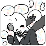  1other :3 animal_ears black_gloves black_necktie black_pants bomal1215 collared_shirt commentary_request gloves grey_eyes korean_commentary leg_up looking_at_viewer lowres necktie one_eye_closed open_mouth original pants rabbit rabbit_ears shirt smile solo v white_shirt 