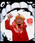  1boy 1girl ahoge arm_up azisaiharumaki56 black_border blonde_hair border braid cloak commentary_request copyright_name extra_eyes gabriel_(yomi_no_tsugai) gabu_(yomi_no_tsugai) highres hood hooded_cloak hoodie letterboxed open_mouth orange_eyes red_cloak red_eyes red_hoodie shikigami teeth twin_braids uneven_eyes watermark yomi_no_tsugai 