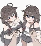  1boy 2girls black_dress black_hair black_pantyhose black_shorts blue_eyes braid commentary_request cowboy_shot criss-cross_halter dress dual_persona from_above hair_flaps halterneck kantai_collection koppa_mijinko_(series2023) long_hair looking_at_viewer multiple_girls pantyhose pov shigure_(ginza_black)_(kancolle) shigure_(ginza_white)_(kancolle) shigure_(kancolle) shigure_kai_san_(kancolle) shirt shorts simple_background single_braid white_background white_shirt 