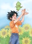  1boy arms_up bandages bird black_hair blue_shorts child chocobo clapping closed_eyes commentary crylin6 drawstring english_commentary field final_fantasy final_fantasy_vii flower flower_field flying green_bird highres male_focus motion_lines open_mouth orange_shirt outdoors round_teeth shirt shirt_tucked_in short_sleeves shorts sky smile solo spiked_hair sunflower teeth tongue upper_teeth_only yellow_flower zack_fair 