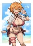 1girl absurdres arm_ribbon beach becky_(dragalia_lost) blue_ribbon breasts collarbone commission dragalia_lost earrings english_commentary highres jewelry ko-fi_commission large_breasts leg_ribbon looking_at_viewer one_eye_closed open_mouth orange_eyes orange_hair red_ribbon ribbon rotomdocs shirt short_hair signature smile solo swimsuit v white_shirt 