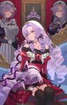  4girls black_thighhighs blush breasts chest_tattoo closed_eyes colored_skin commentary_request couch crown dark_persona dress encha floating_crown garter_straps highres hyakumantenbara_salome hyakumantenbara_salome_(1st_costume) hyakumantenbara_salome_(4th_costume) lap_pillow large_breasts maid multiple_girls multiple_persona nijisanji off-shoulder_dress off_shoulder on_couch purple_eyes purple_hair purple_skin red_dress ringlets sitting sleeping smile tattoo thighhighs virtual_youtuber 