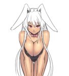  alternate_costume animal_ears bare_legs bent_over bow bowtie breast_squeeze breasts bunny_ears bunny_girl bunnysuit cleavage collarbone dark_skin frown fujiwara_no_mokou hips houtengeki large_breasts long_hair looking_at_viewer red_eyes simple_background sketch solo standing straight_hair tan thigh_gap touhou very_long_hair wavy_mouth white_background white_hair 