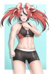  1girl abs animal_ear_fluff animal_ears aqua_background bike_shorts black_hair black_shorts blue_eyes blush border clenched_hand commentary cowboy_shot drop_shadow eyelashes fingernails hair_ribbon hakos_baelz highres hololive hololive_english long_hair more_muscular_than_canon mouse_ears mouse_girl multicolored_hair muscular muscular_female navel open_mouth popcornflakes red_hair ribbon shorts simple_background smile solo stomach teeth twintails upper_teeth_only virtual_youtuber white_border white_hair white_ribbon 