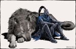  1boy animal armor artist_name artorias_the_abysswalker blue_cape cape commentary dark_souls_(series) dark_souls_i english_commentary full_armor gauntlets great_grey_wolf_sif greaves hand_on_own_knee helm helmet highres knight lying male_focus menaslg on_stomach simple_background sitting white_background wolf yellow_eyes 