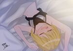  1girl absurdres akatsuki_kirika artist_name blonde_hair closed_eyes commentary_request hair_between_eyes highres loose_clothes medium_hair navel on_bed open_mouth senki_zesshou_symphogear signature sleeping solo spaghetti_strap stomach strap_slip tsuyo_metsu upper_body wispy_bangs 