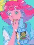  1girl blue_star blue_vest cookie fluffy_hair food green_background green_eyes hairband hand_to_own_mouth highres holding holding_cookie holding_food looking_to_the_side mahou_no_princess_minky_momo medium_hair minky_momo nucca_dzuke open_mouth paper_texture parted_bangs pink_hair shirt short_sleeves solo solo_focus star_hairband teeth upper_teeth_only vest white_shirt yellow_hairband 