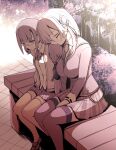  2girls bench black_thighhighs bolo_tie breasts closed_eyes commentary_request feet_out_of_frame glasses hair_over_shoulder heaven_burns_red higuchi_seika izumi_yuki kenpi_(hs-totyu) large_breasts leaning_on_person long_hair low-tied_long_hair monochrome multiple_girls outdoors park_bench round_eyewear side-by-side spoilers thighhighs yuri zettai_ryouiki 