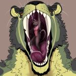 anthro big_fangs bodily_fluids brown_body brown_fur dripping duo extreme_size_difference fangs felid front_view fur green_body green_fur hi_res imperatorcaesar in_mouth male male_anthro mammal mouth_play mouth_shot narrowed_eyes nude open_mouth open_smile orange_eyes red_body red_fur saliva saliva_drip saliva_string simple_background size_difference slim_anthro slim_male smile standing teeth whiskers yellow_eyes