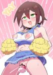  1girl absurdres aile_(mega_man_zx) bare_shoulders blue_shirt blue_skirt breasts buzzlyears cheerleader clothing_cutout cowboy_shot cropped_shirt dildo female_ejaculation green_eyes heart_cutout highres medium_breasts mega_man_(series) mega_man_zx miniskirt navel nipple_cutout nipples no_panties object_insertion open_mouth pink_background pleated_skirt pussy_juice robot_ears rolling_eyes saliva sex_toy shirt short_hair simple_background skirt solo vaginal vaginal_object_insertion white_shirt 