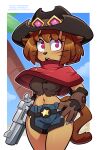  anthro biped bottomwear breasts brown_body brown_hair clothed clothing cowboy_hat domestic_cat eyelashes felid feline felis female gameoverse glitch_productions gun gun_arm hair hat headgear headwear hi_res holding_object holding_weapon kit_bodega mammal pupils ranged_weapon shorts solo tail the_other_half weapon weapon_arm whiskers 