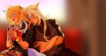  1boy 1girl ahoge animal_ear_fluff animal_ears black_jacket blonde_hair bracelet brown_vest cat_boy cat_ears cellphone_charm chalky_(zenless_zone_zero) charm_(object) cissia_(zenless_zone_zero) closed_eyes commentary crossed_arms crossed_bangs hair_between_eyes highres holding holding_phone jacket jacket_on_shoulders jewelry leaning_on_person long_hair motion_lines open_mouth phone potatoblins red_eyes severian_lowell shirt snake snake_girl snake_tail sweat tail vest white_hair white_shirt white_snake zenless_zone_zero 