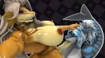 alternate_universe anthro aquatic beat_banger big_breasts big_penis big_testicles blue_eyes breasts bunfan_games duo electronics fellatio fish genitals glowing glowing_eyes gynomorph gynomorph/gynomorph half-closed_eyes hand_on_head hi_res holding_object holding_phone horn hybrid intersex intersex/intersex looking_at_viewer markings muscular mythological_creature mythological_scalie mythology narrowed_eyes nika_sharkeh oral orianne_larone penile penis phone purple_eyes scalie sex shark smile standing tail toothy_grin wastedpines