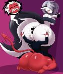 absurd_res anthro big_butt biped bottomless breasts butt butt_grab canid canid_demon canine clothed clothing demon demon_humanoid duo female grey_hair hair hand_on_butt head_between_buttocks hellaverse hellhound helluva_boss hi_res huge_butt humanoid kneeling legwear looking_back loona_(helluva_boss) male male/female mammal mechspazer moxxie_(helluva_boss) mythological_canine mythological_creature mythology red_body spade_tail tail tail_aside thick_thighs thigh_highs white_body