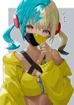  +++ 1girl bandeau blue_eyes breasts bright_pupils canari_(pokemon) cleavage collarbone commentary_request grey_background hand_up highres jacket long_sleeves looking_at_viewer mask mouth_mask multicolored_hair no53_(pixiv_77486930) open_clothes open_jacket outline pokemon pokemon_legends:_z-a solo twintails upper_body yellow_bandeau yellow_jacket zipper zipper_pull_tab 